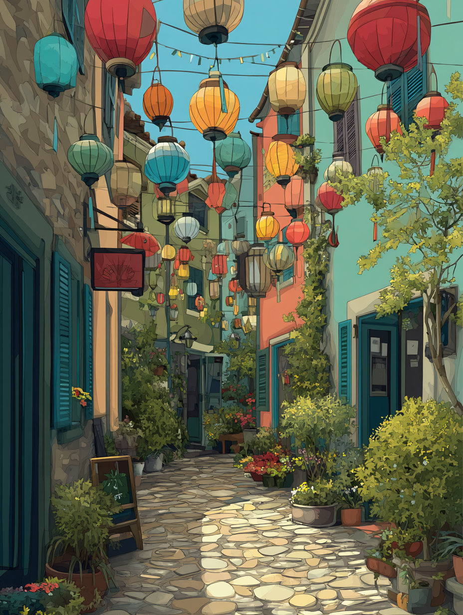 Colorful Lanterns Cobblestone Alley