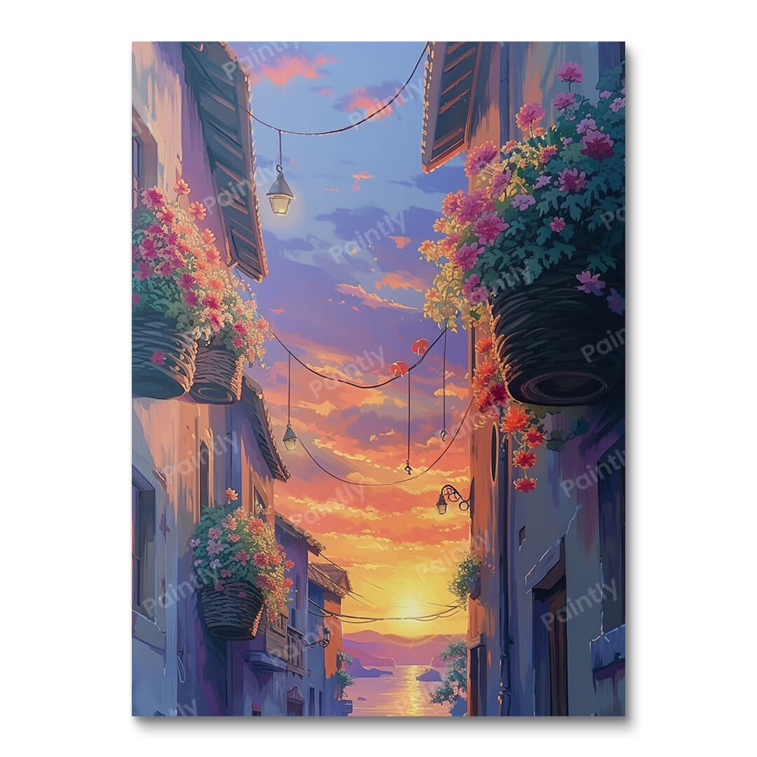 Flower-Adorned Sunset Street