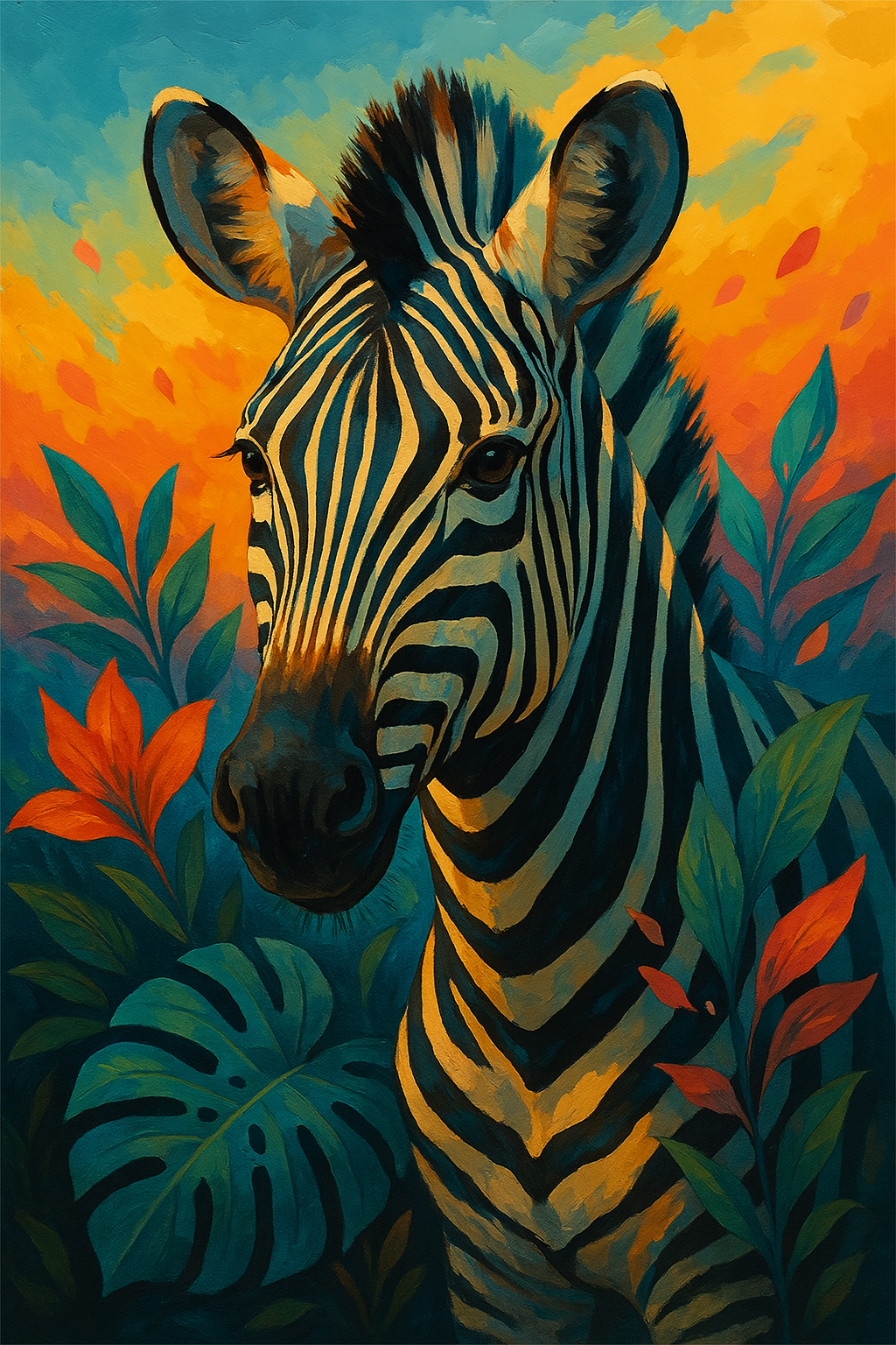 Zebra in Sunset Jungle Foliage