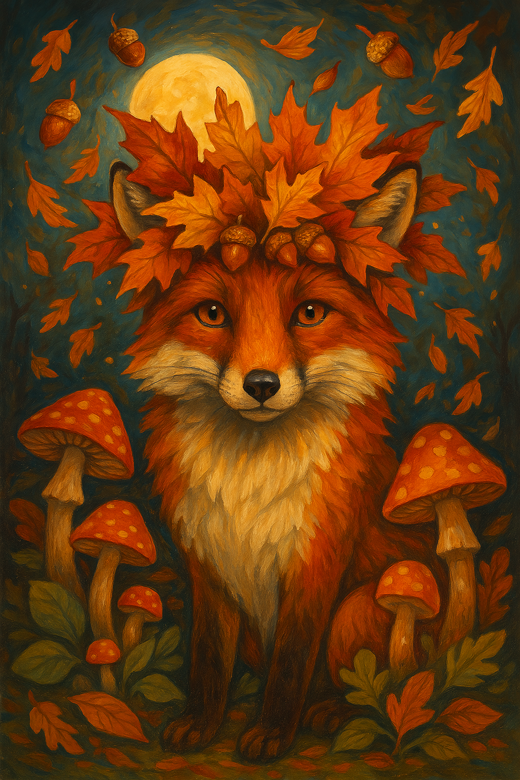 Fox with Autumn Leaves and Mushrooms