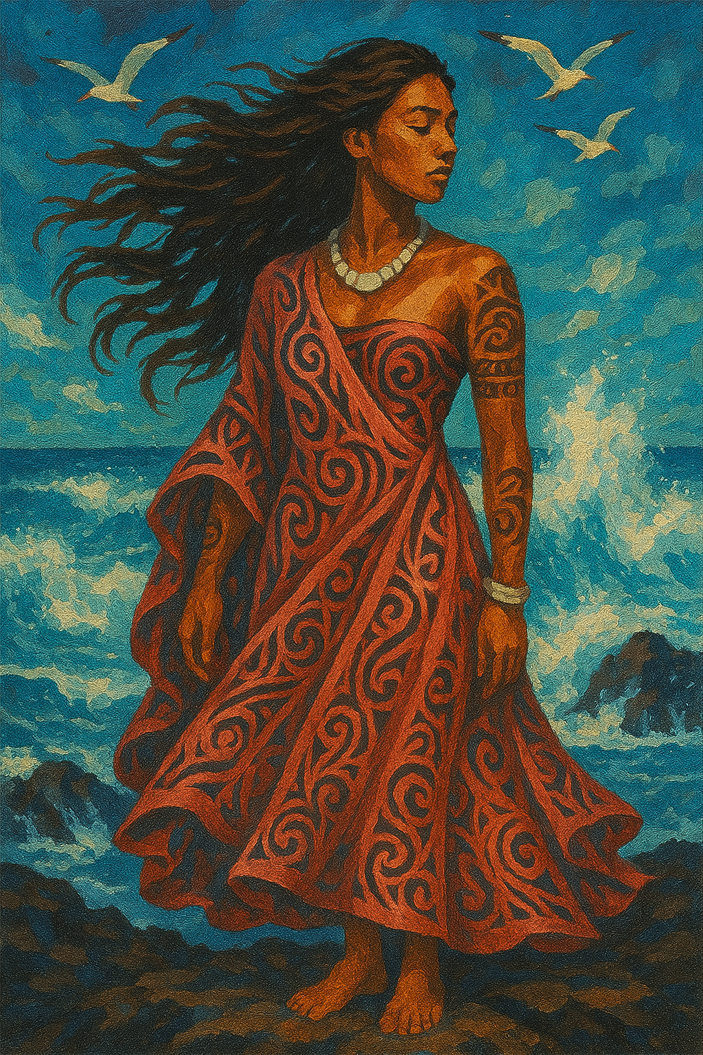 Woman in Tribal Dress by the Waves