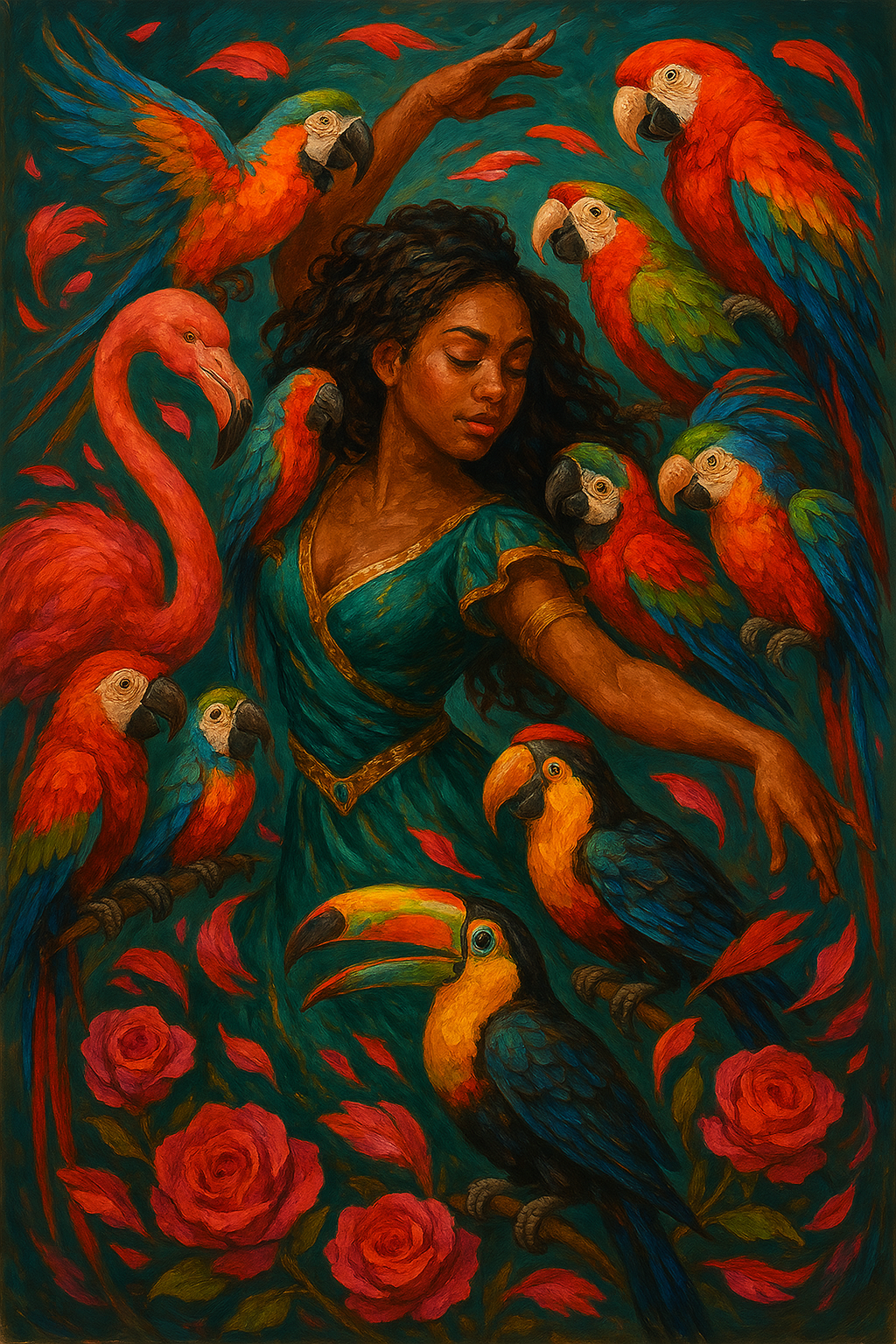 Afro-Caribbean Woman with Tropical Birds
