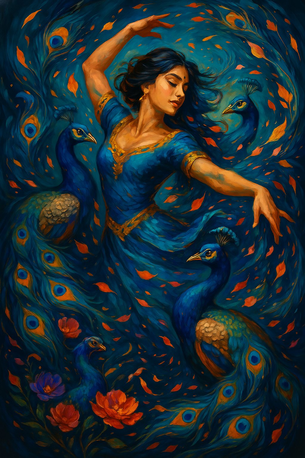 Floral Peacock Dance with South Asian Muse