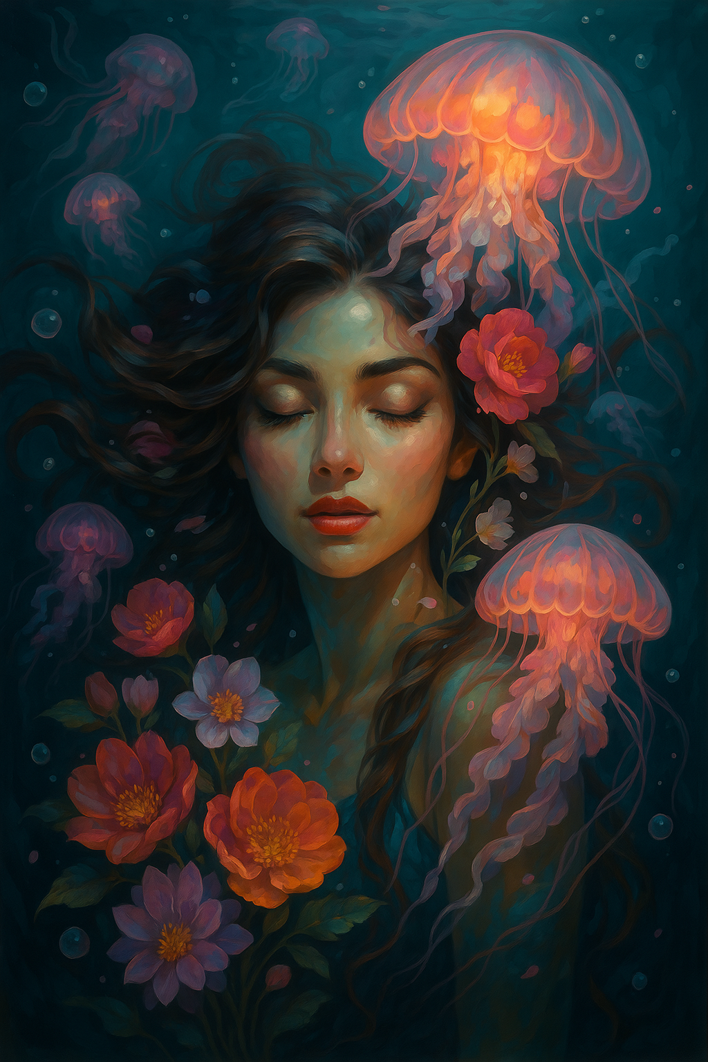 Dreaming Woman with Jellyfish and Flowers