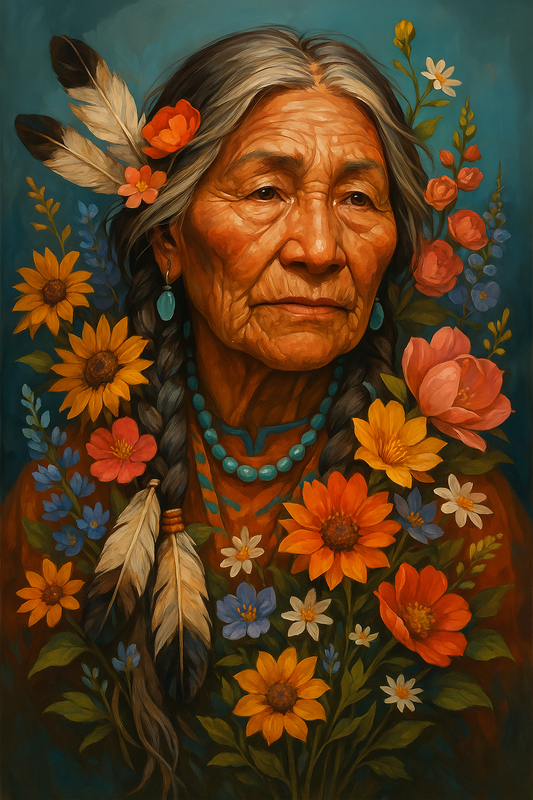 Indigenous Elder with Feathers and Wildflowers