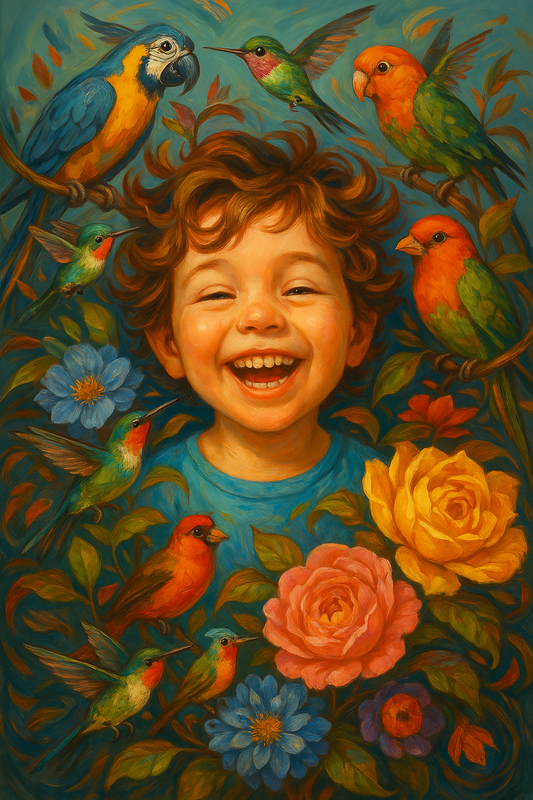 Laughing Child with Tropical Birds