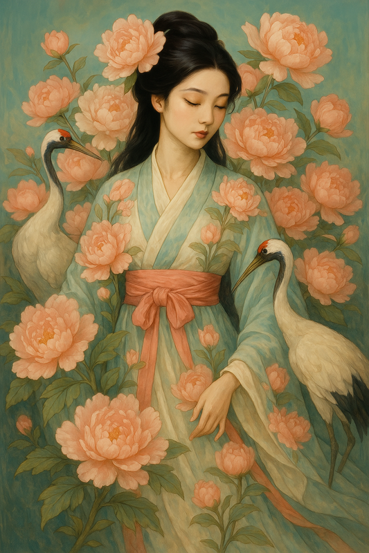 East Asian Woman with Cranes and Peonies