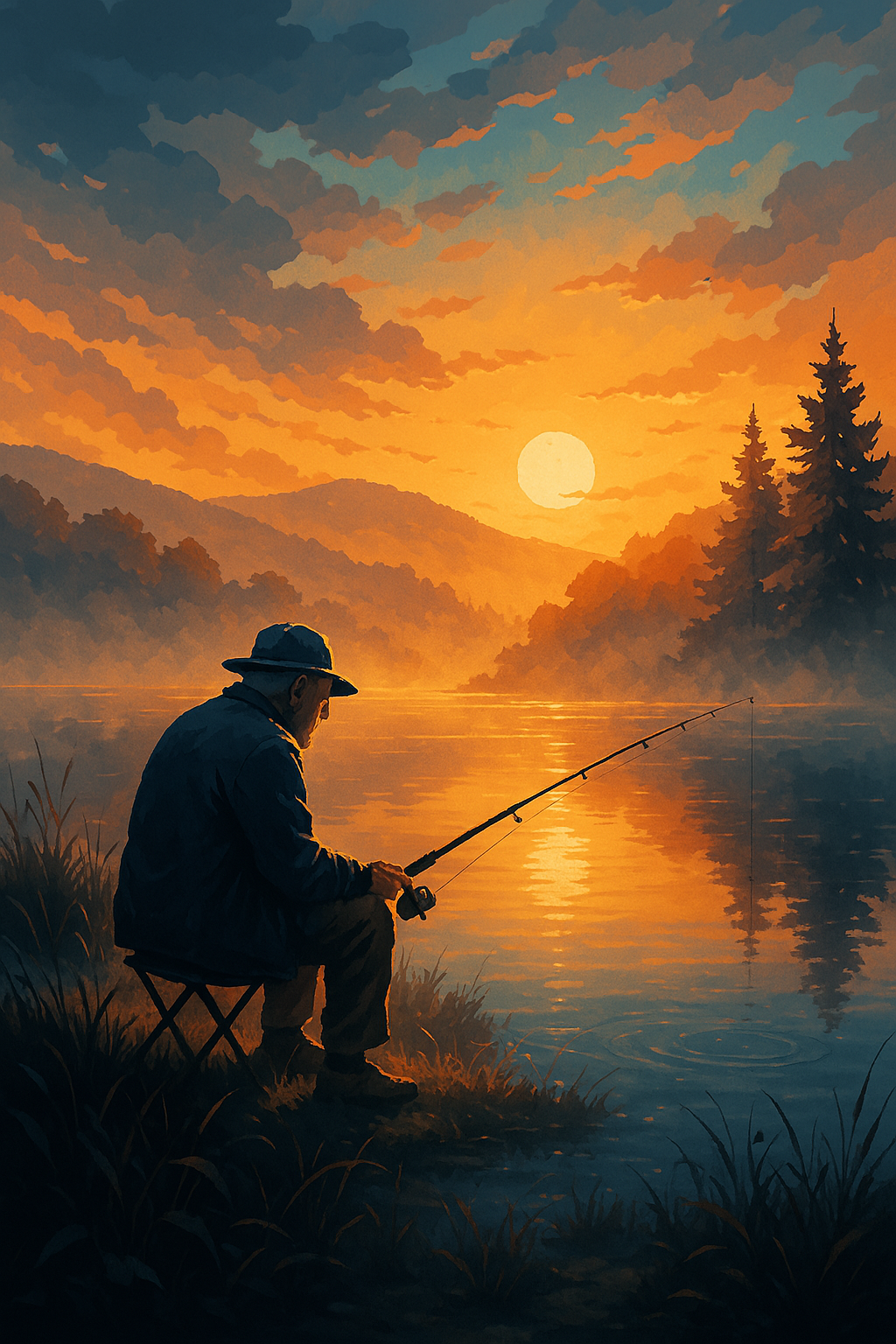 Fisherman by golden lake