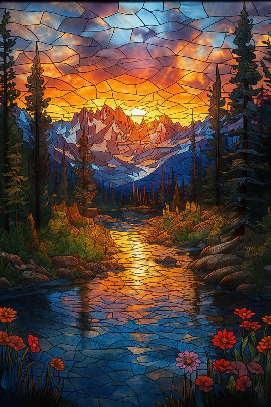 Stained Glass Mountain Serenity at Sunset