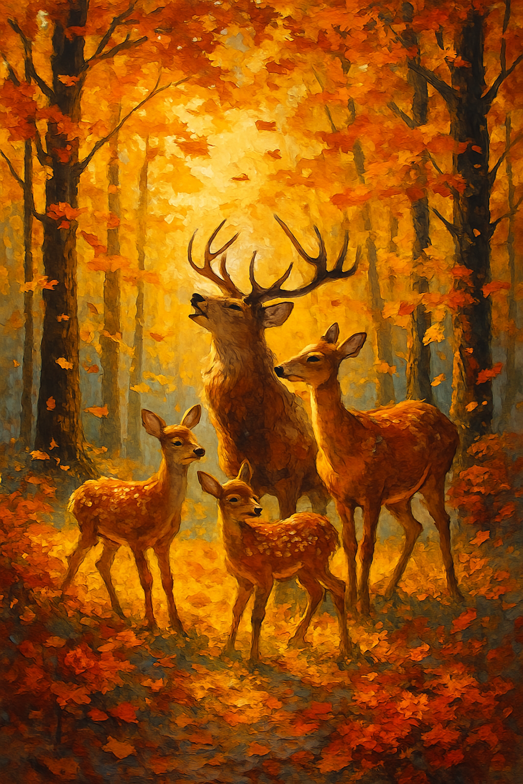 Deer family in autumn forest