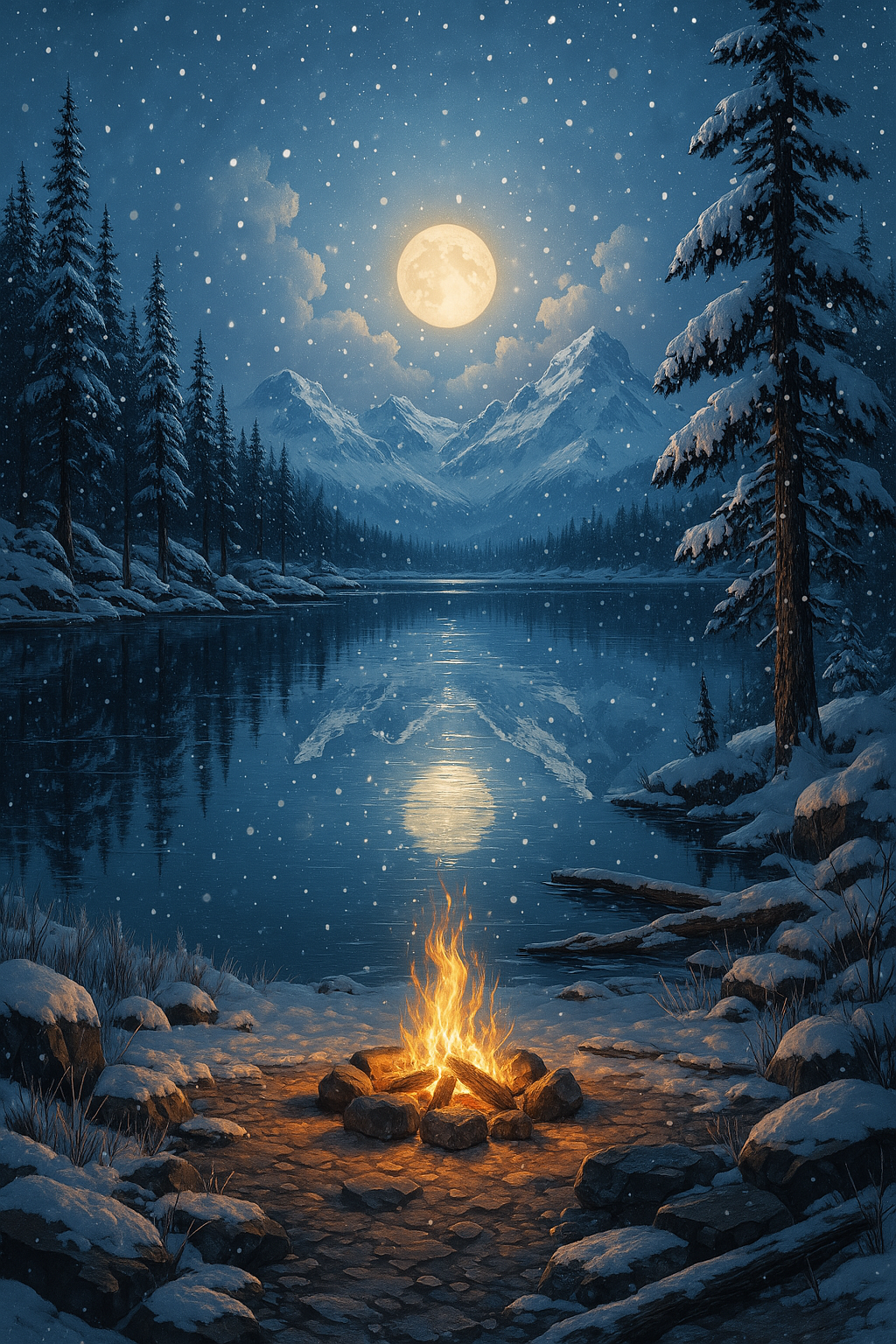 Moonlit Campfire In The Snow