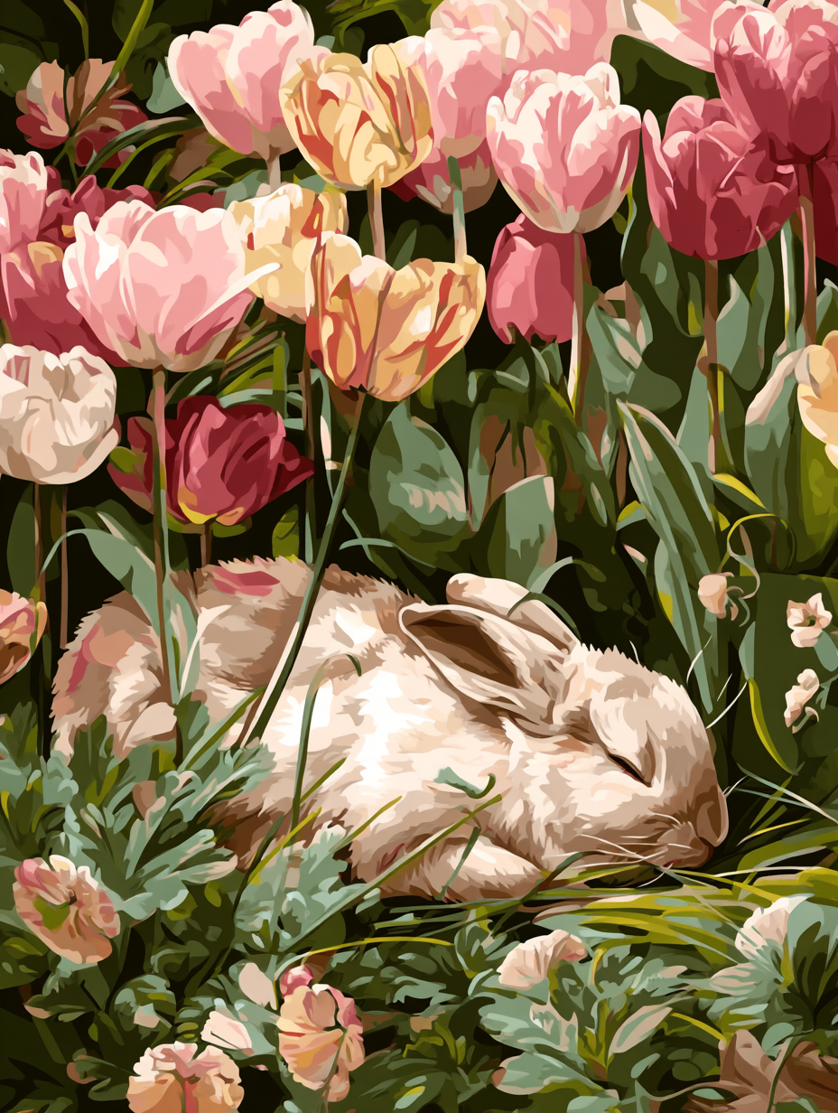 Sleeping Bunny Among Tulips