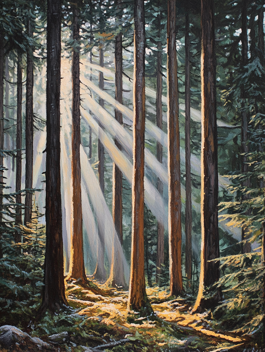 Sunbeams Through Forest Trees