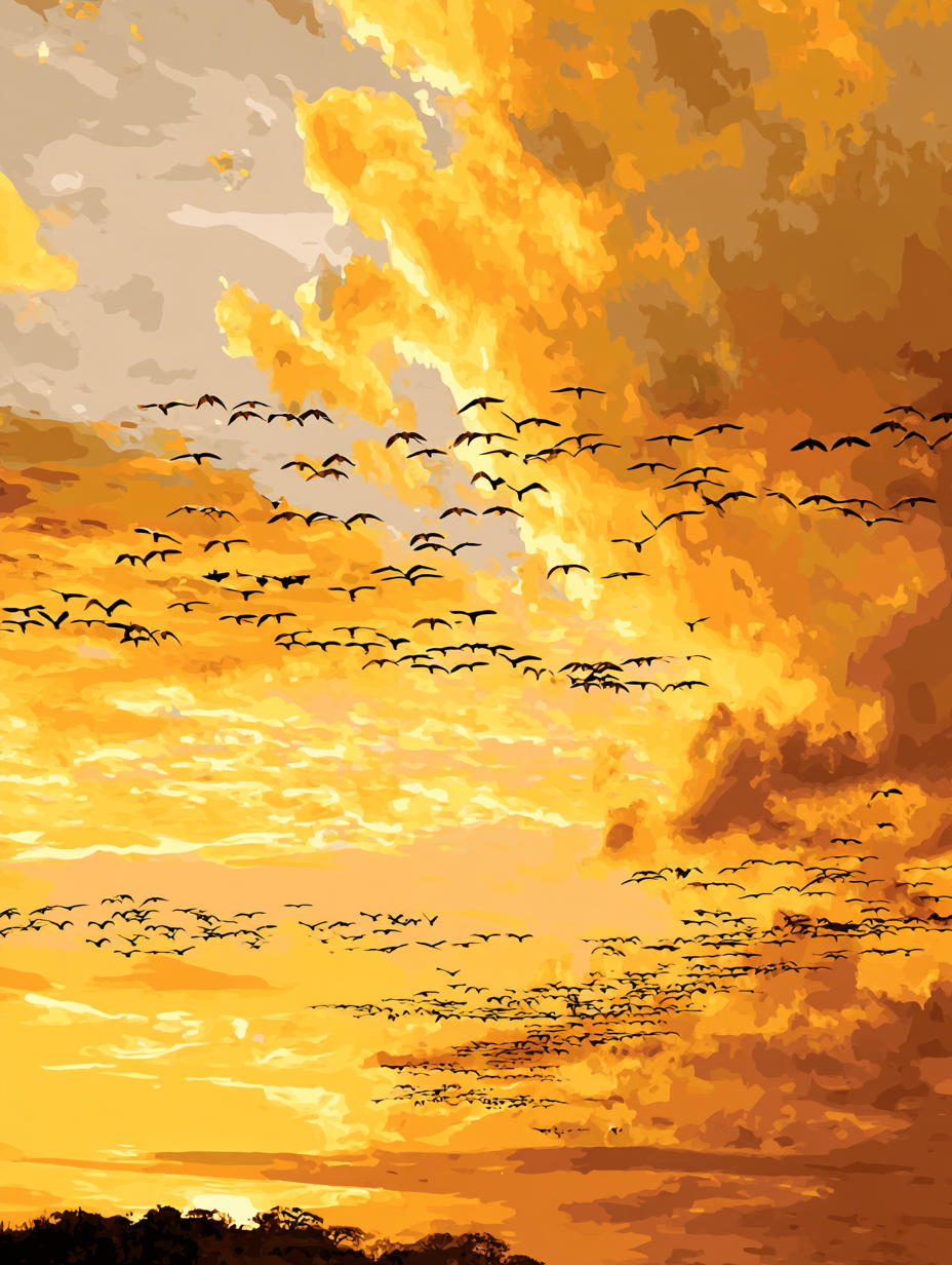 Sunset Flight Silhouetted Birds