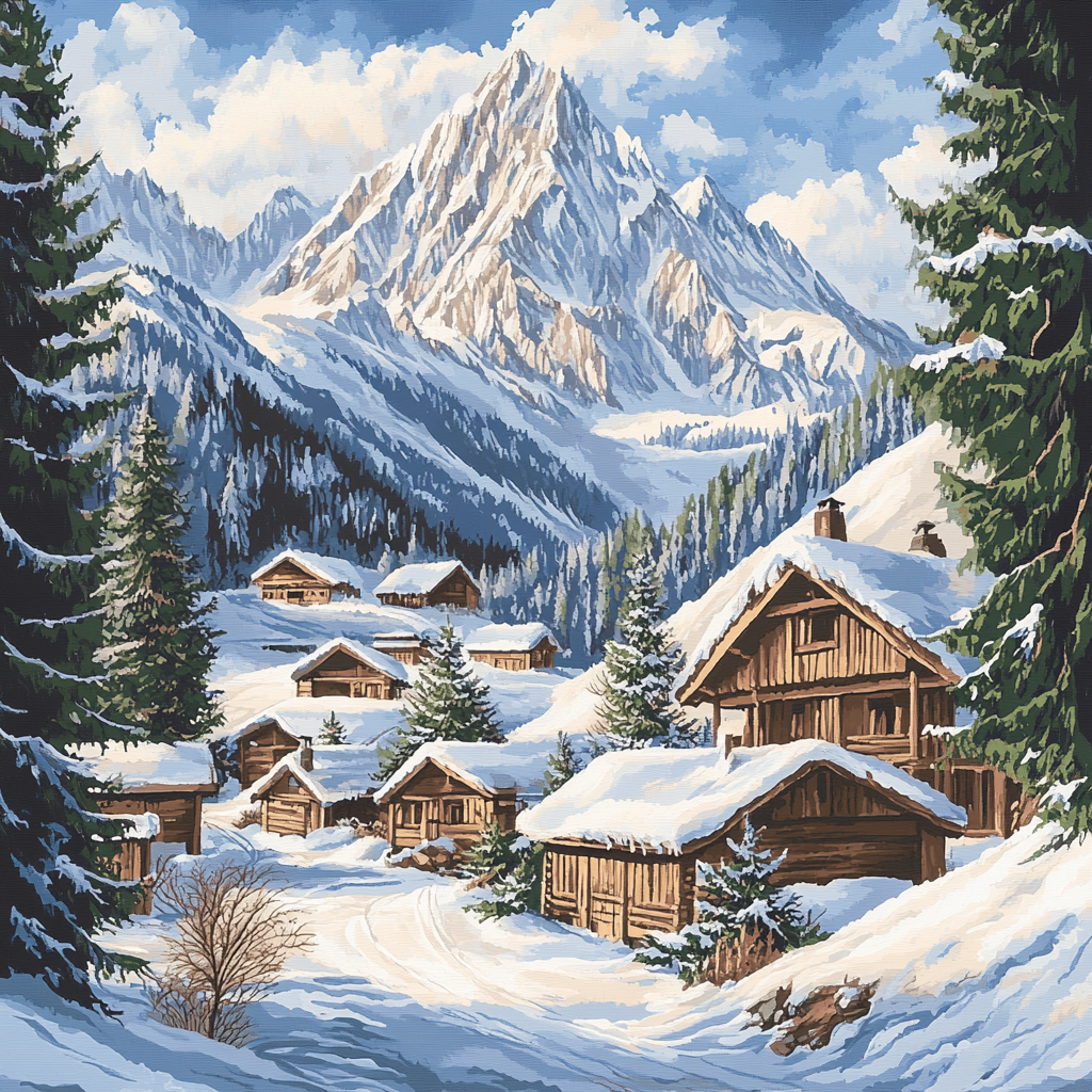 Winter Cabin Mountain Scene