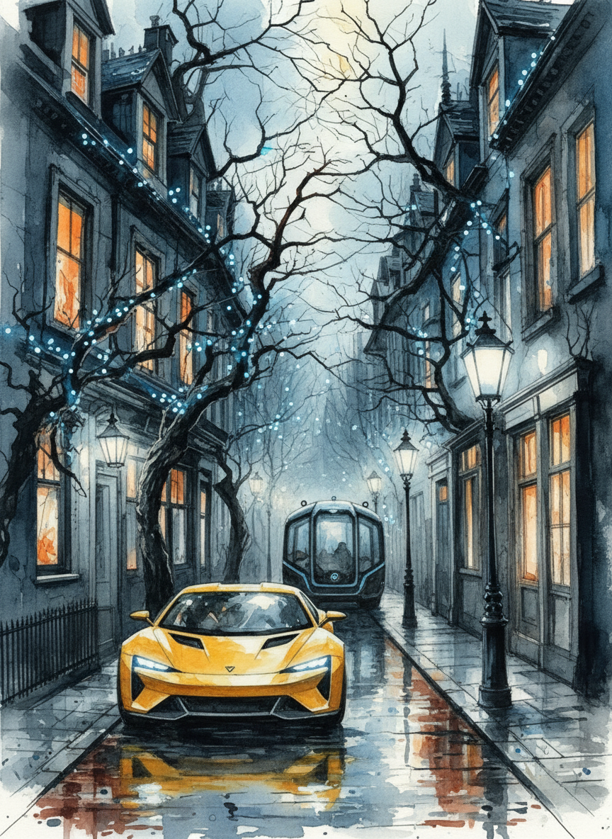 Golden Car on Foggy Street