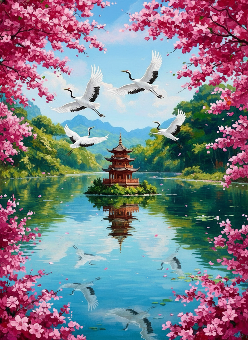 Cranes above the Pagoda Lake