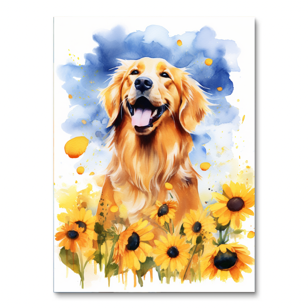 Golden Retriever Among Sunflowers