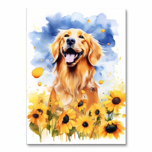 Golden Retriever Among Sunflowers