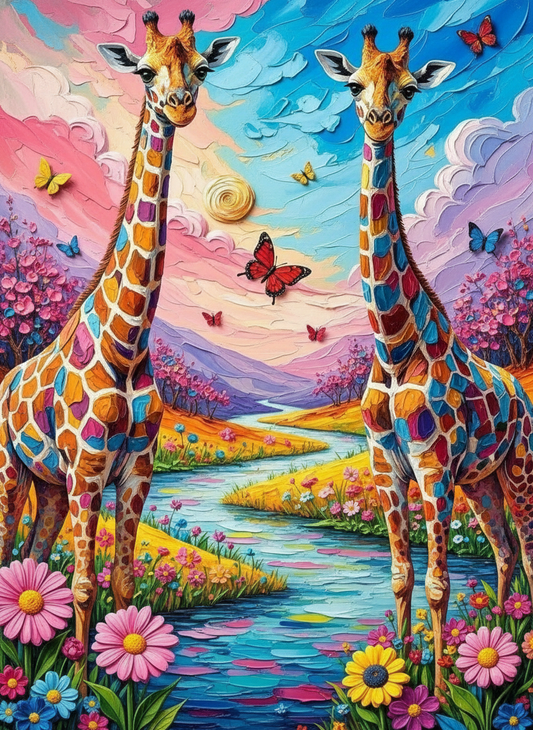 Giraffes beneath Painted Skies