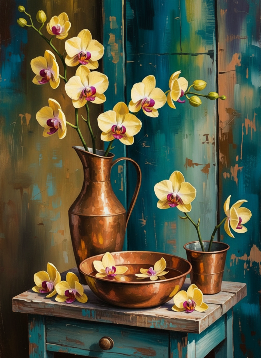 Golden Orchids and Copperware