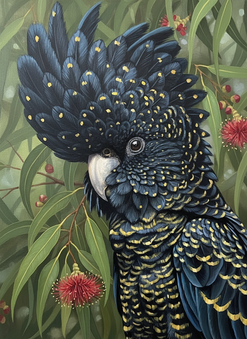 Black Cockatoo Amidst Blossoms