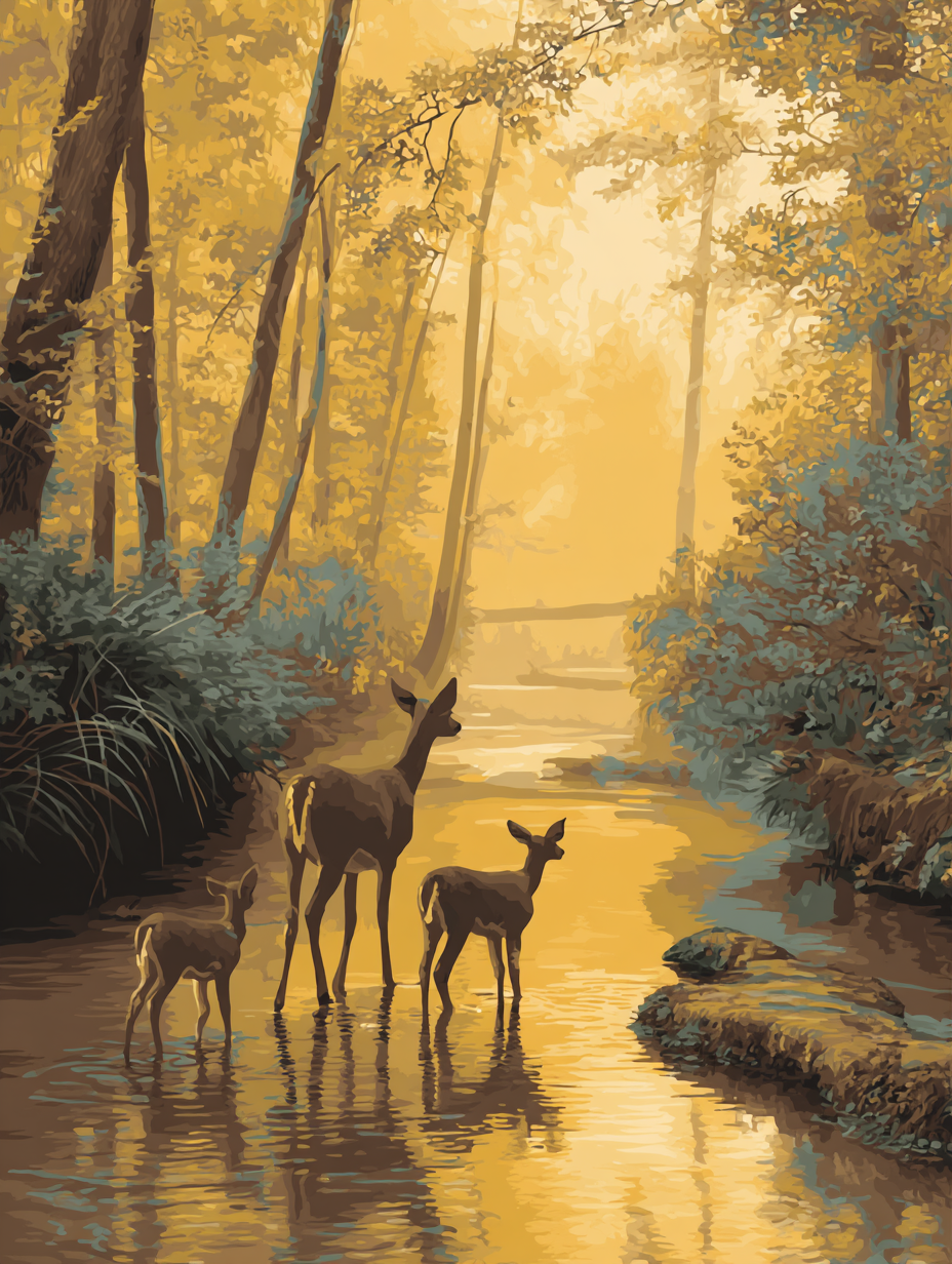 Deer Family Forest Stream