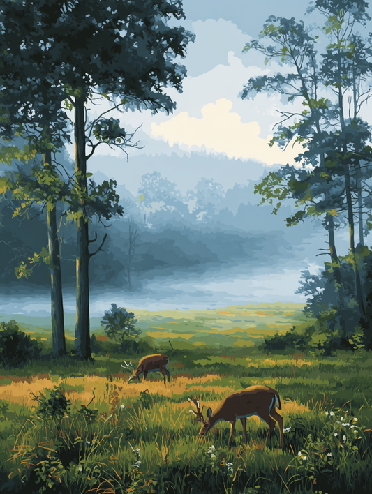 Deer Grazing Misty Meadow