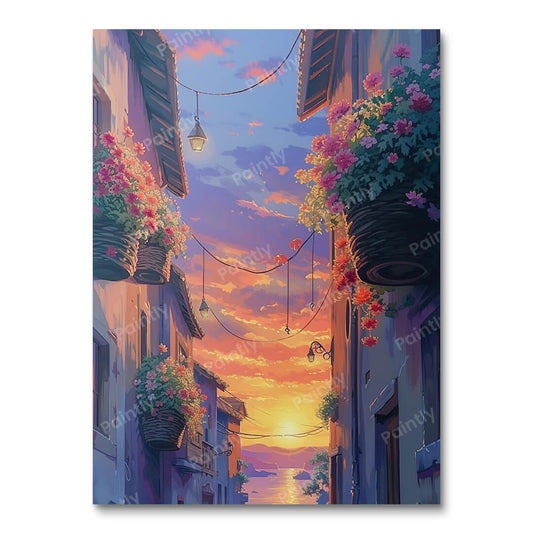 Flower-Adorned Sunset Street