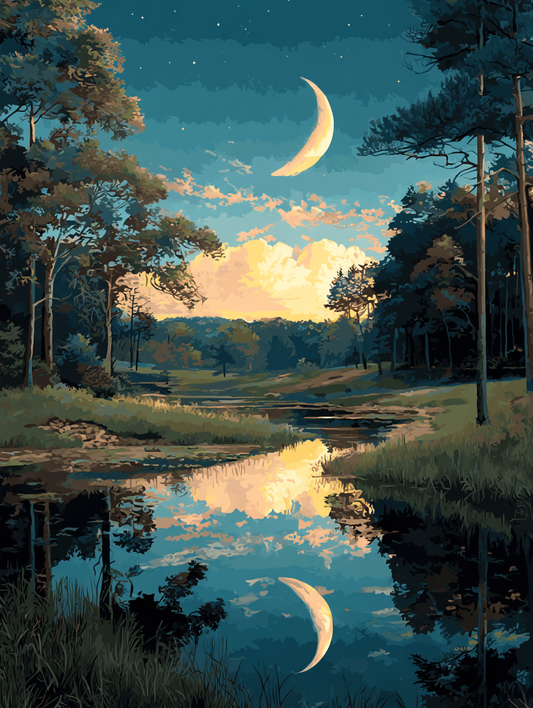 Moonlit Trees Tranquil Pond