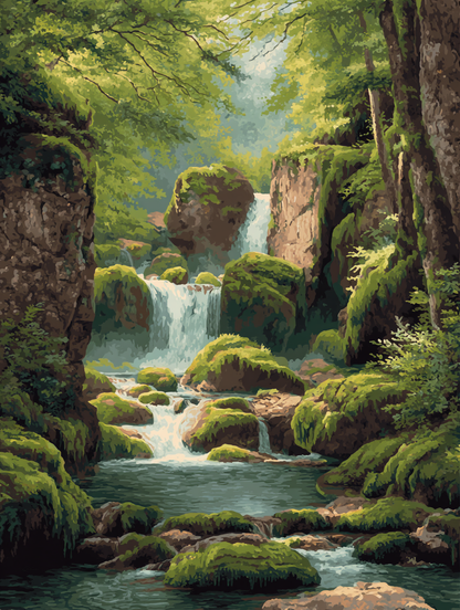 Mossy Rocks Forest Waterfall