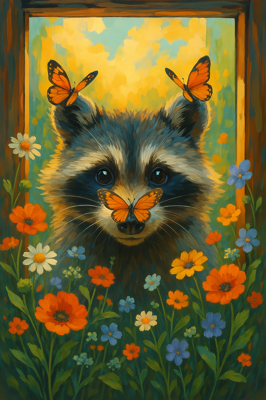 Raccoon Amidst Flowers