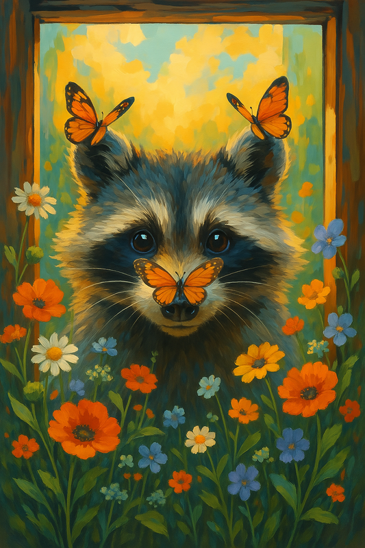 Raccoon Amidst Flowers