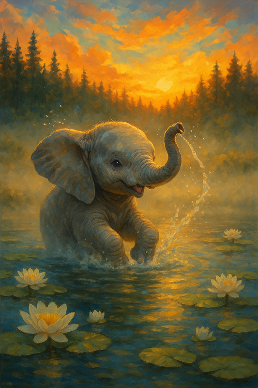 Baby Elephant in Lily Pond at Sunset