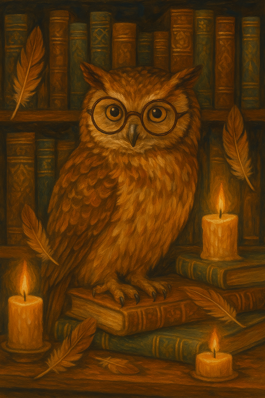 Owl in Candlelit Library