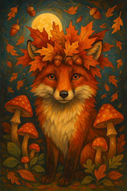 Fox with Autumn Leaves and Mushrooms