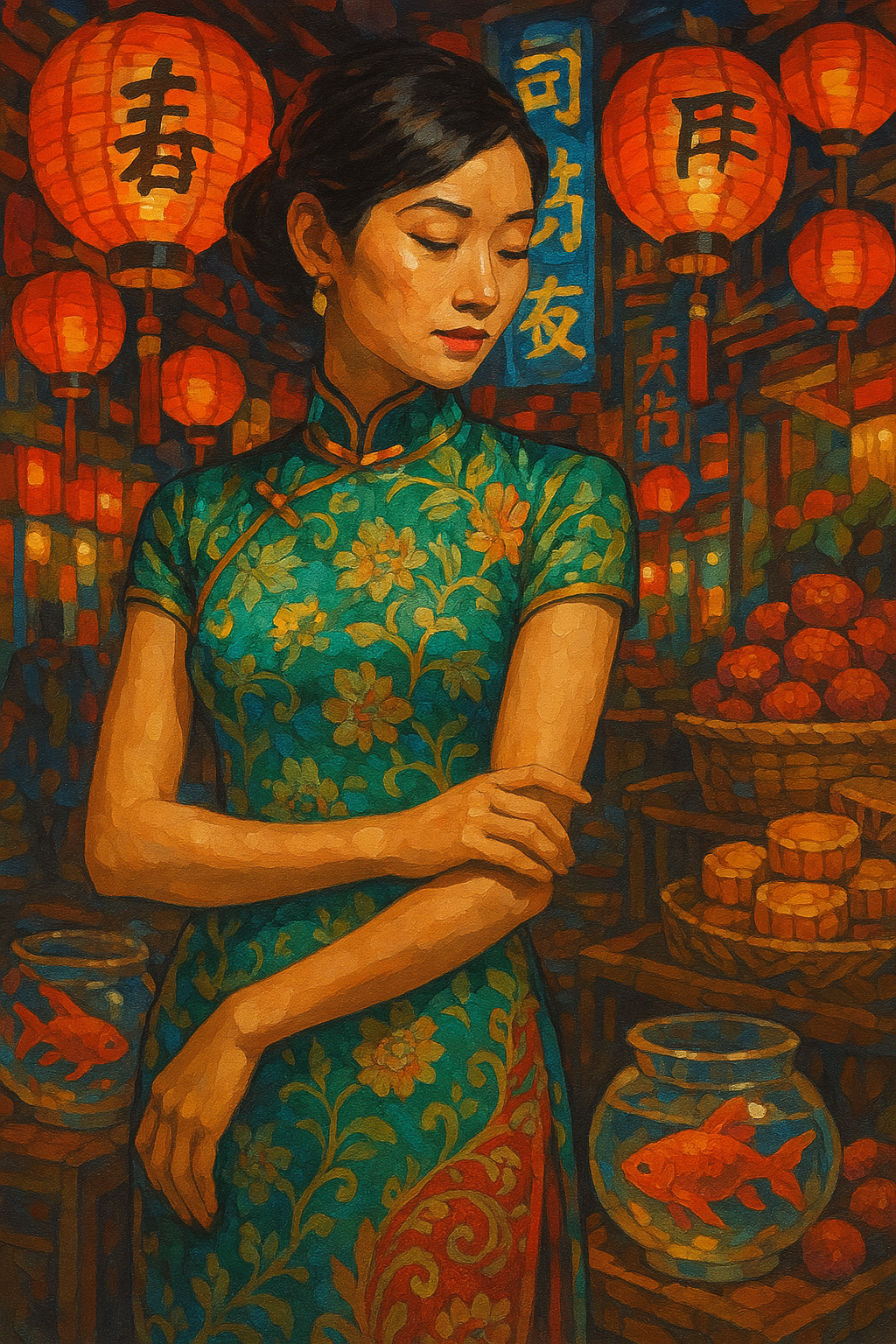 Woman in Cheongsam with Lanterns