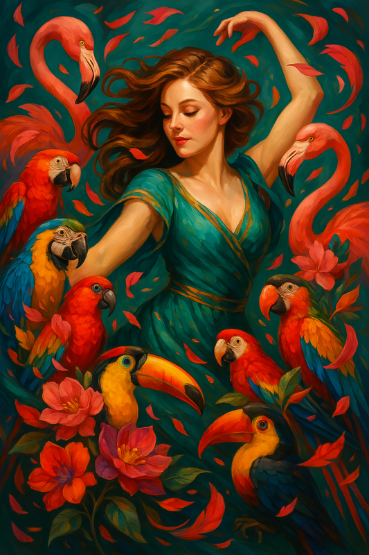 Jungle Muse with Parrots and Flamingos