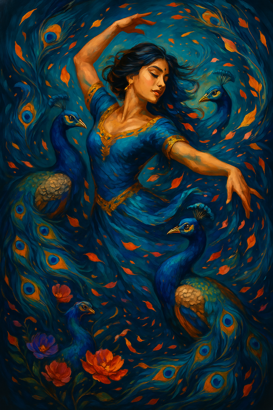 Floral Peacock Dance with South Asian Muse