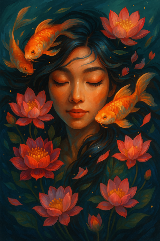East Asian Woman with Koi and Lotus
