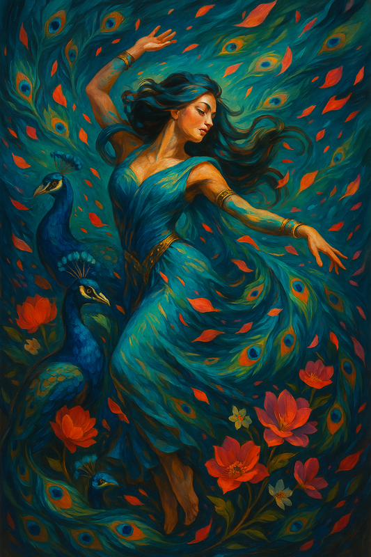 South Asian Beauty in Peacock Whirl