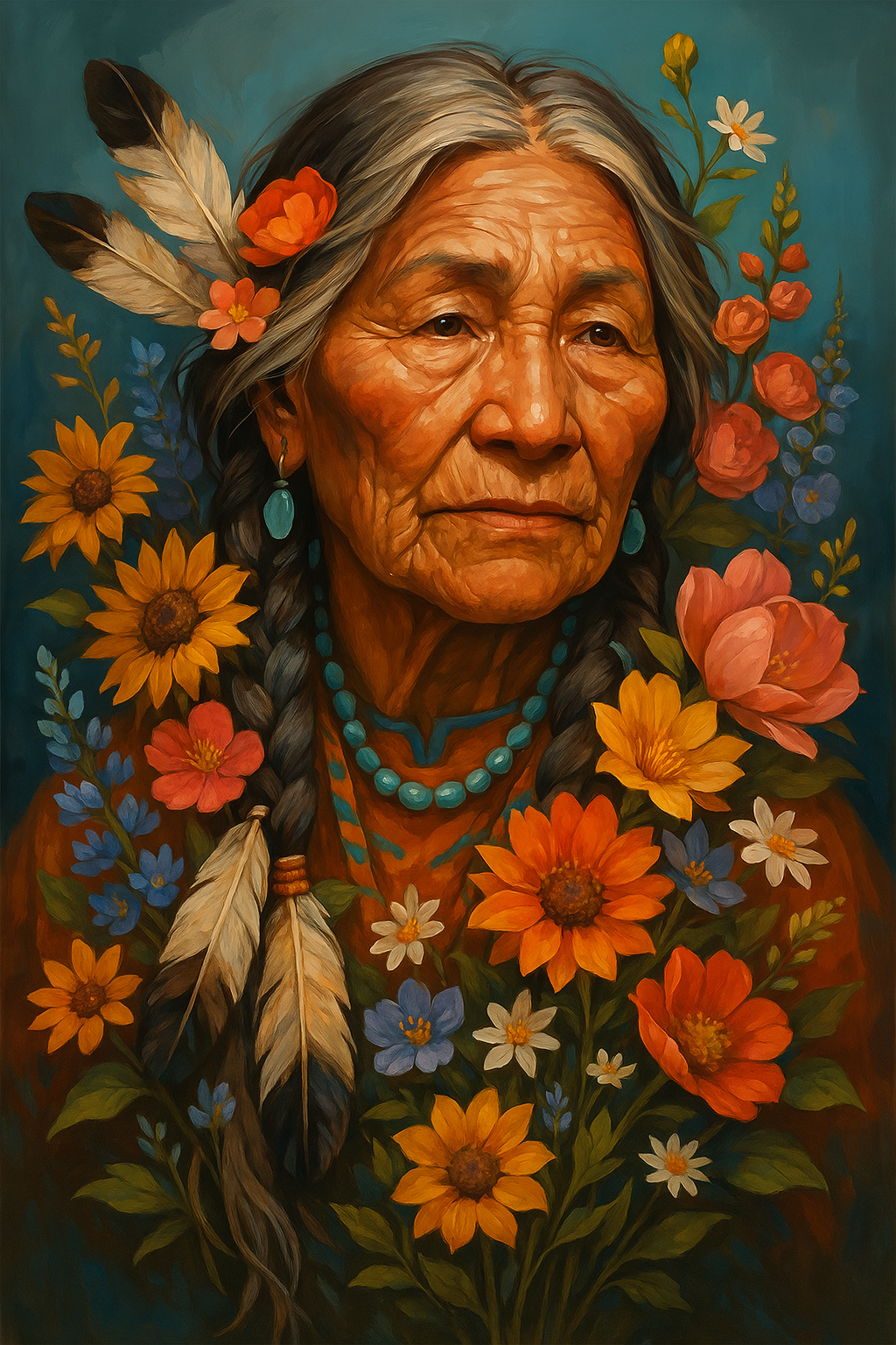 Indigenous Elder with Feathers and Wildflowers