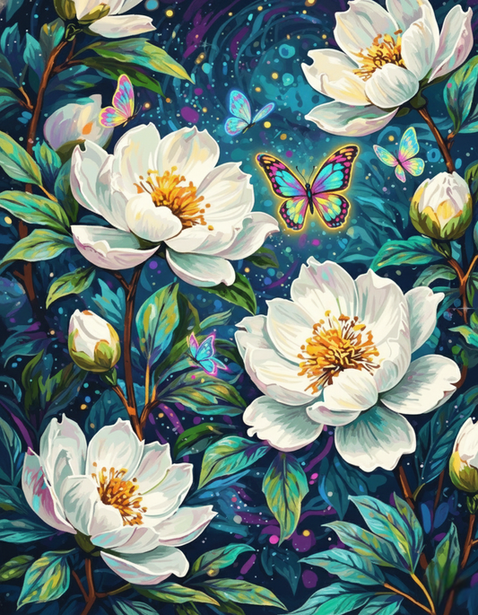 White Peonies, Neon Butterflies