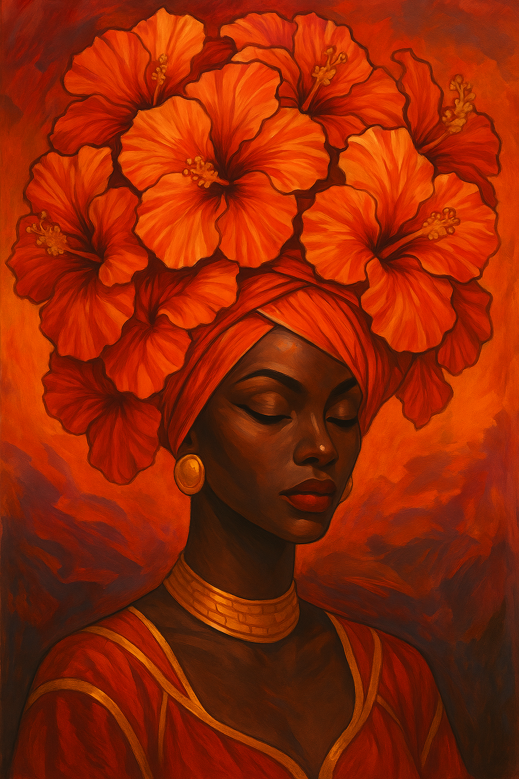African Woman with Hibiscus Crown