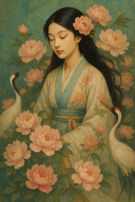 Woman in Kimono amidst Cranes and Blossoms