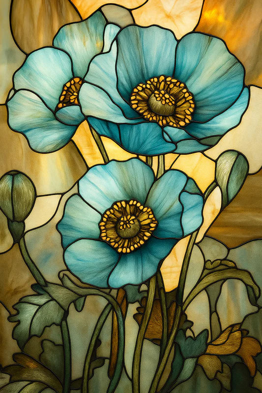 Stained Glass Blue Poppies