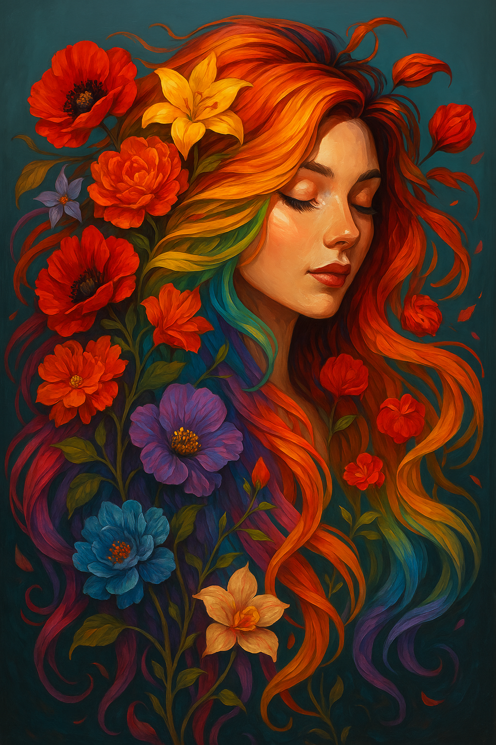 Rainbow Hair Woman with Flowers