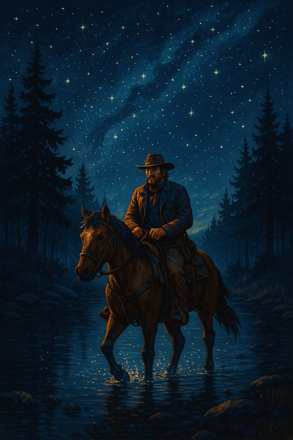 Cowboy under starlight