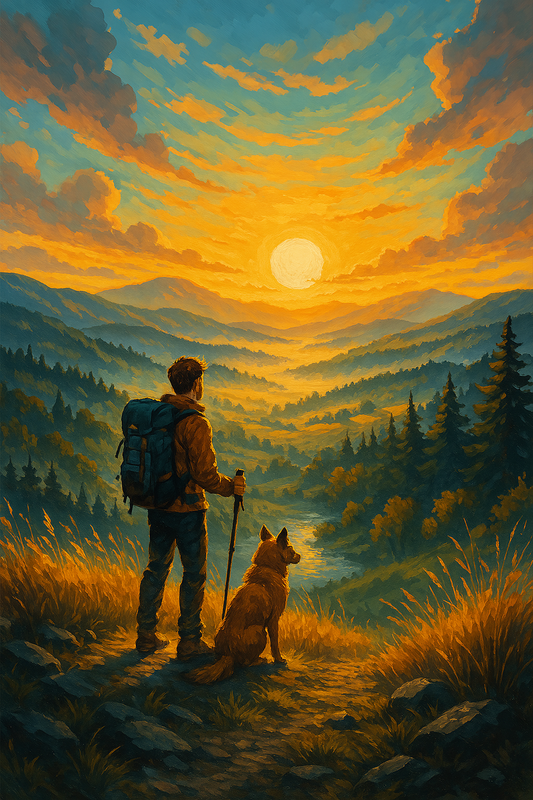 Hiker and dog at sunrise