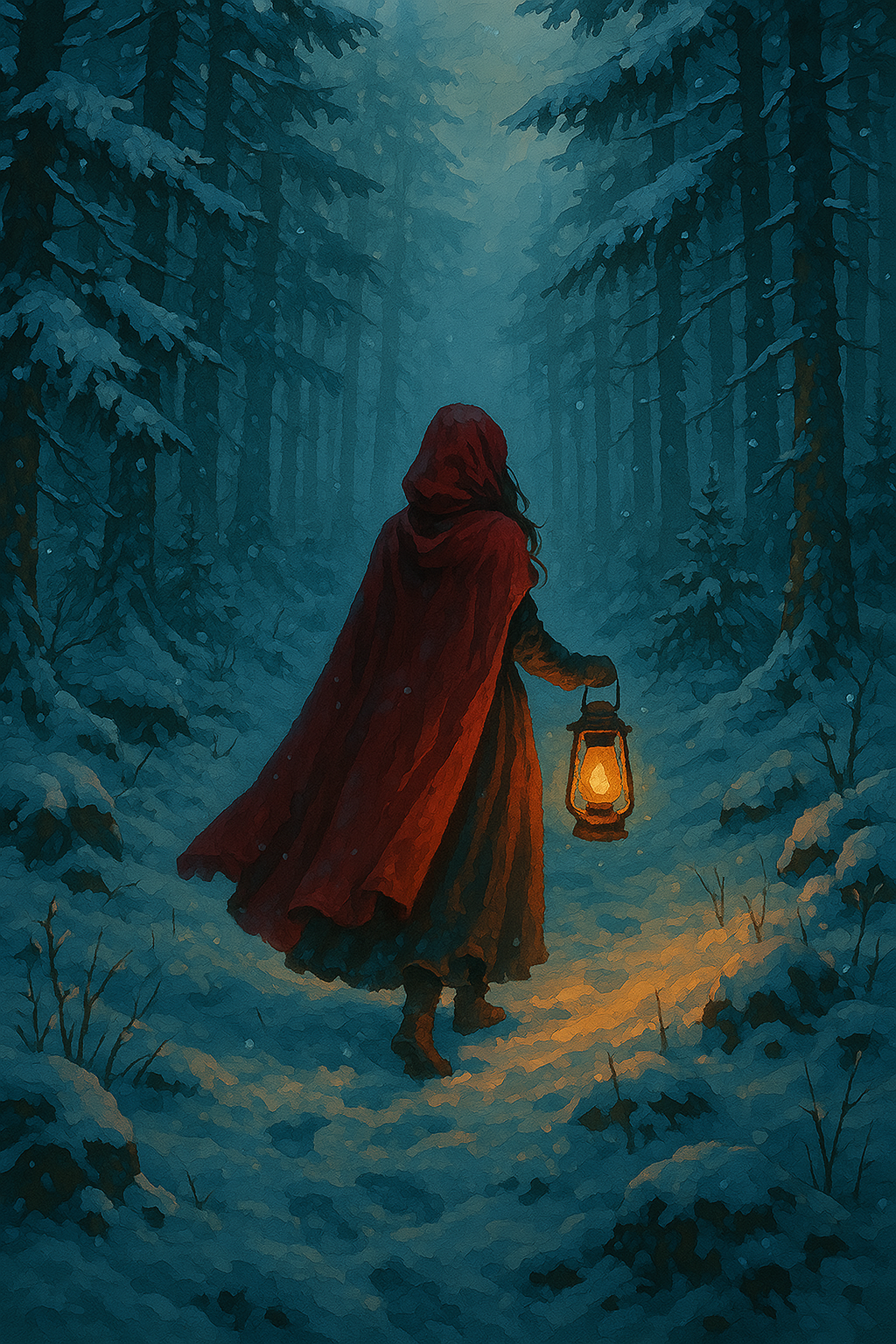 Girl in red cloak with lantern